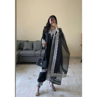 Black Organza 3-Piece Suit with Heavy Embroidery for Eid & Weddings