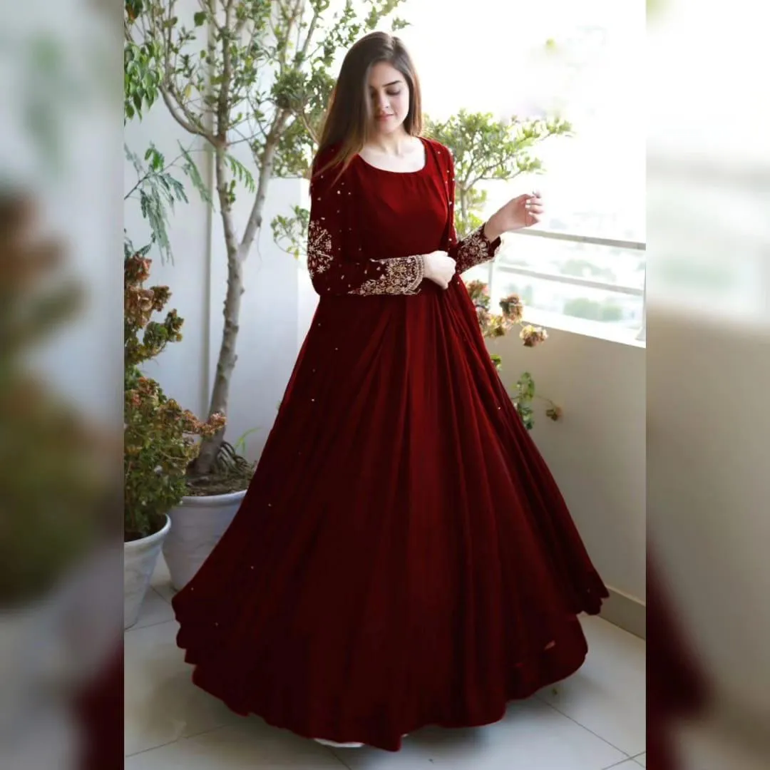 Maroon Embroidered Gown Maxi Set 3Pcs Shamose Silk