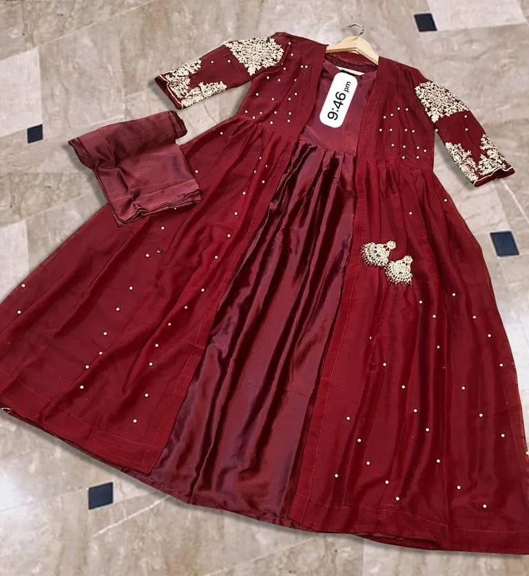 Maroon Embroidered Gown Maxi Set 3Pcs Shamose Silk - Image 2