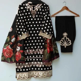 Black Polka Dot Swiss Lawn 3-Piece Suit with Embroidery