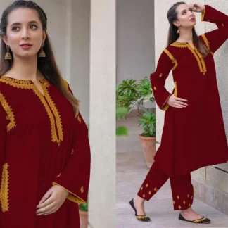 Maroon Linen Wedding Party Set with Golden Embroidery