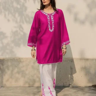 Pink Embroidered 2Pcs Cotton Pajama Set