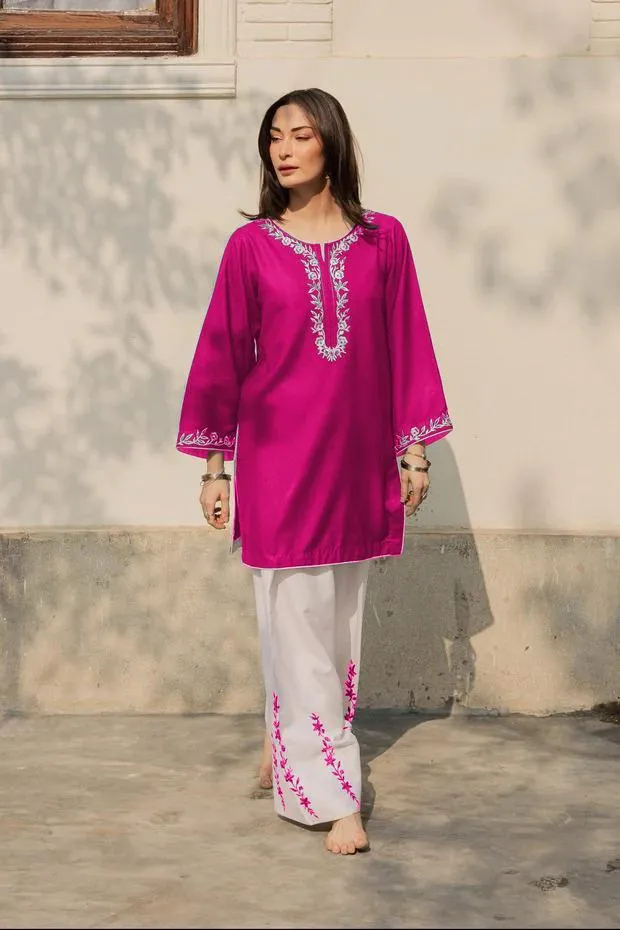 Pink Embroidered 2Pcs Cotton Pajama Set
