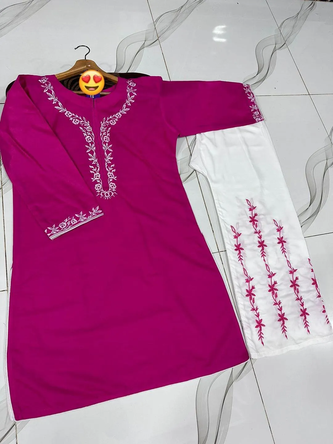 Pink Embroidered 2Pcs Cotton Pajama Set - Image 2