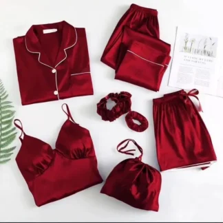 Red Silk Nightwear Set with 7 Pieces
