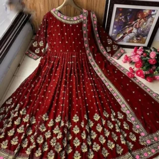 Maroon Embroidered Shamoz Silk Maxi Set with Dupatta