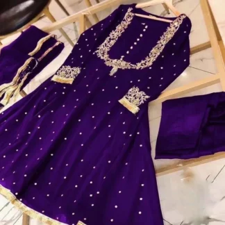 Purple Chiffon Maxi Dress with Gold Embroidery & Pearls for Eid