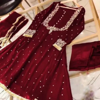 Maroon Chiffon Maxi Set with Lace Embroidery for Eid