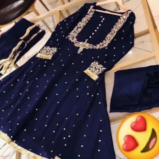 Elegant Navy Chiffon 3-Piece Eid Set with Gold Embroidery