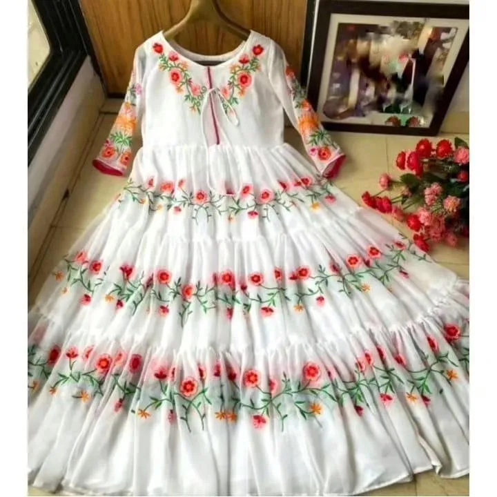 White Embroidered Chiffon Maxi Dress for Eid Party Wear