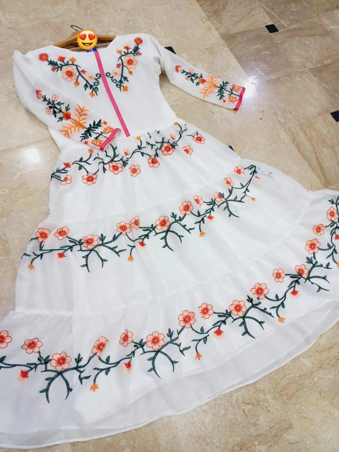 White Embroidered Chiffon Maxi Dress for Eid Party Wear - Image 2