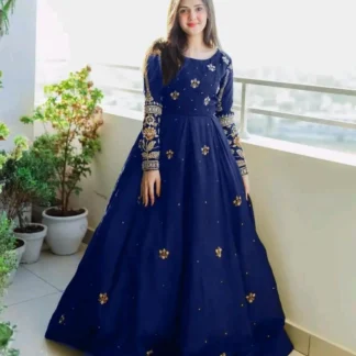Blue Chiffon Maxi Set with Gold Sequins for Eid Weddings