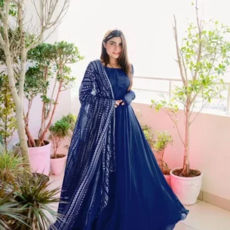 Blue Chiffon 3Pcs Maxi Set With Embroidered Dupatta