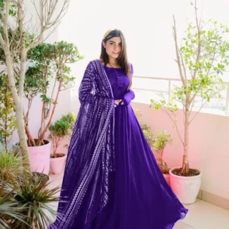 Purple Chiffon 3Pcs Maxi Set with Embroidered Dupatta