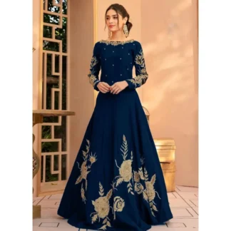Blue Shamoz Silk Maxi Suit with Golden Floral Embroidery