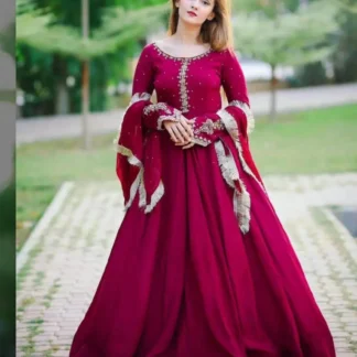 Maroon Embroidered Chiffon Maxi Set for Weddings Eid