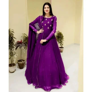 Purple Embroidered Chiffon 3Pcs Maxi Set with Pearls Dupatta