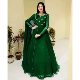 Green Embroidered Chiffon Maxi Set with Pearls & Dupatta