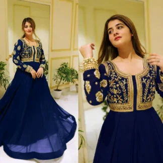 Neck Sleeve Embroidered Maxi Dress Blue Chiffon Trouser Set