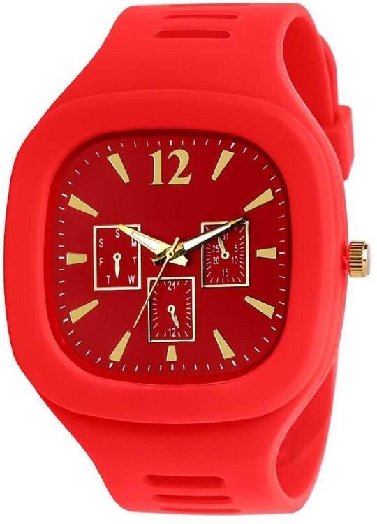Red Silicone Square Watch for Men with Gold Hands