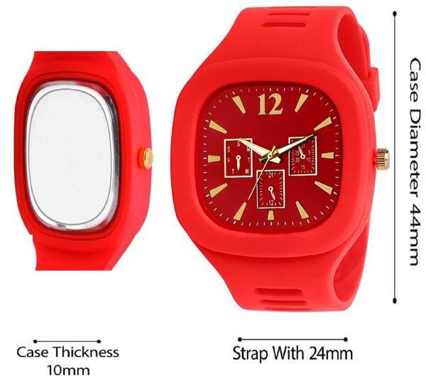 Red Silicone Square Watch for Men with Gold Hands - Image 4