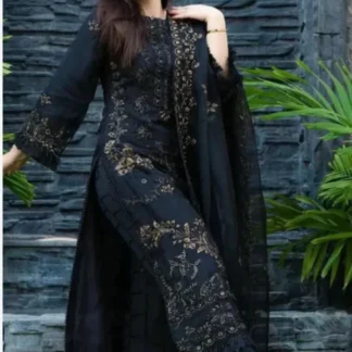 Black Embroidered Chiffon 3-Piece Suit for Women