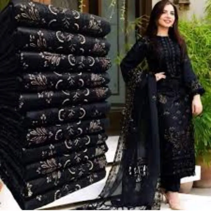 Black Embroidered Chiffon 3-Piece Suit for Women - Image 2