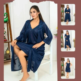 2 Pcs Women Silk Night Suit Blue V Neck