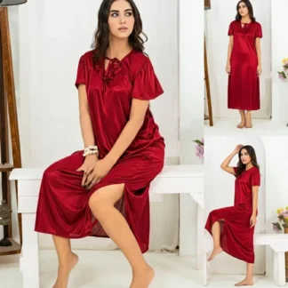Maroon Silk Night Suit for Women with V-Neck & Free Size