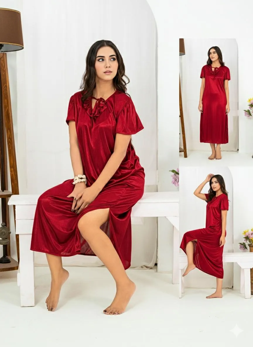 Maroon Silk Night Suit for Women with V-Neck & Free Size