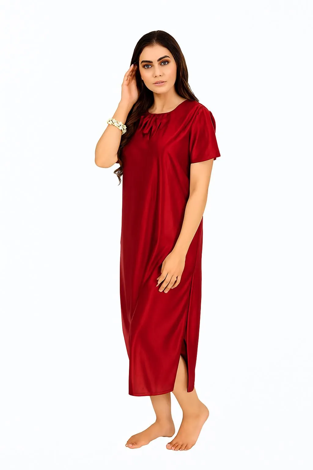 Maroon Silk Night Suit for Women with V-Neck & Free Size - Image 3
