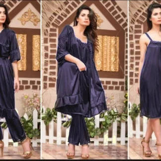 Silk 3-Piece Night Suit Blue with Lace Work