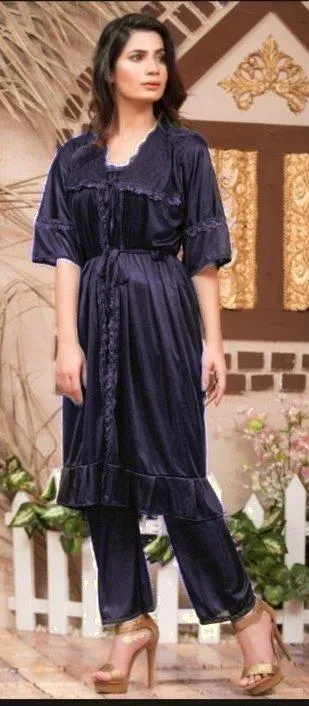 Silk 3-Piece Night Suit Blue with Lace Work - Image 3