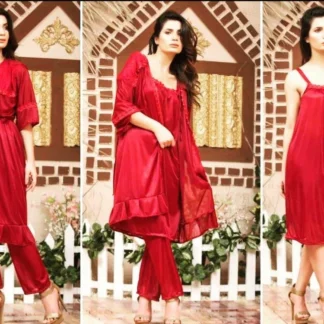 Red Silk Lace Night Suit Set 3 Pcs Free Size