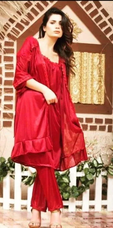 Red Silk Lace Night Suit Set 3 Pcs Free Size - Image 2