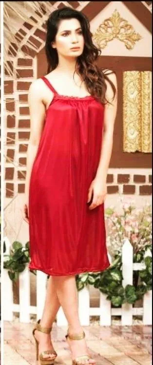 Red Silk Lace Night Suit Set 3 Pcs Free Size - Image 3