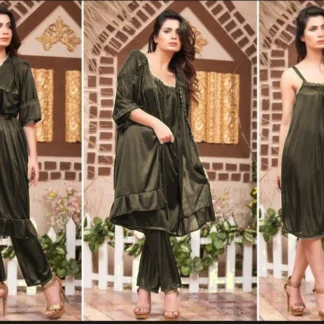 3 Pcs Women Silk Lace Night Suit Black Free Size
