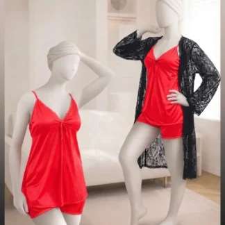 Red Silk Lace Nightwear Set with Shorts & Nightgown