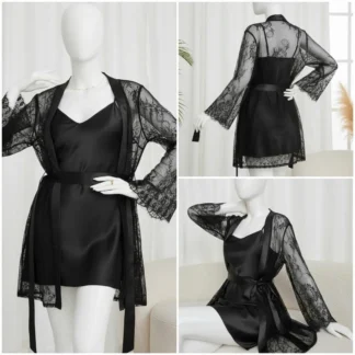 Black Lace V-Neck Sleep Set 2 Pcs Silk