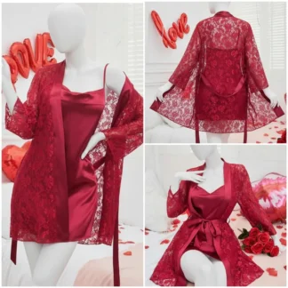 Maroon Lace Nightgown Set for Women Silk 2 Pcs