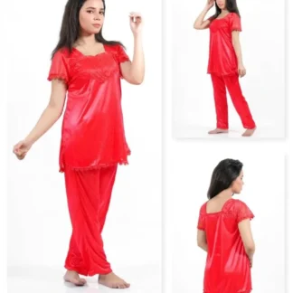 Red Silk V-Neck 2-Piece Sleep Set for Women