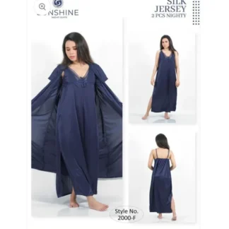Silk Lace Nightgown Set Blue V-Neck 2 Pcs