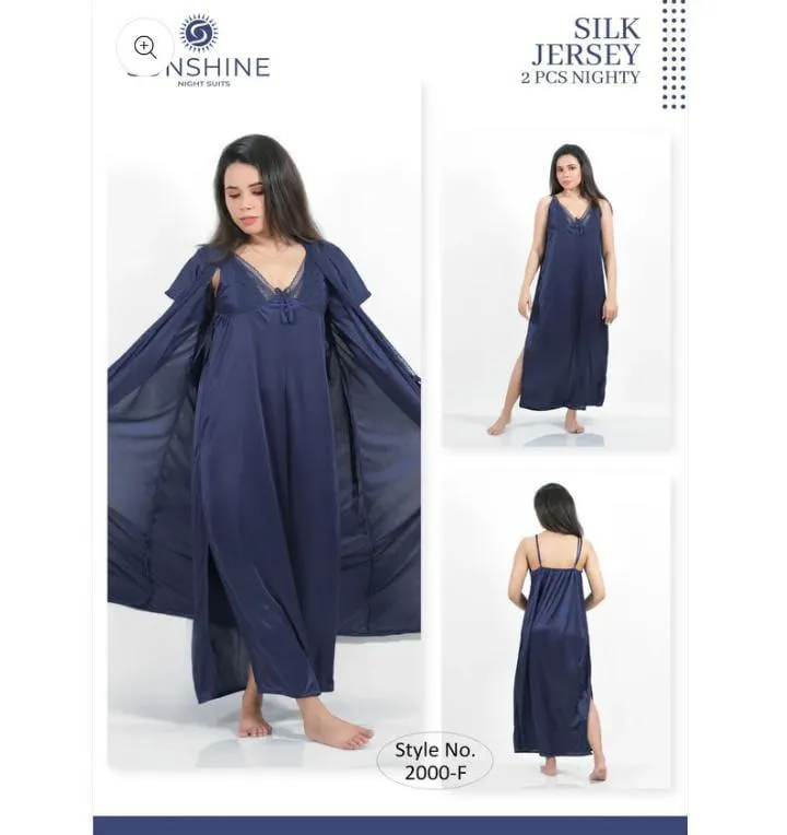 Silk Lace Nightgown Set Blue V-Neck 2 Pcs