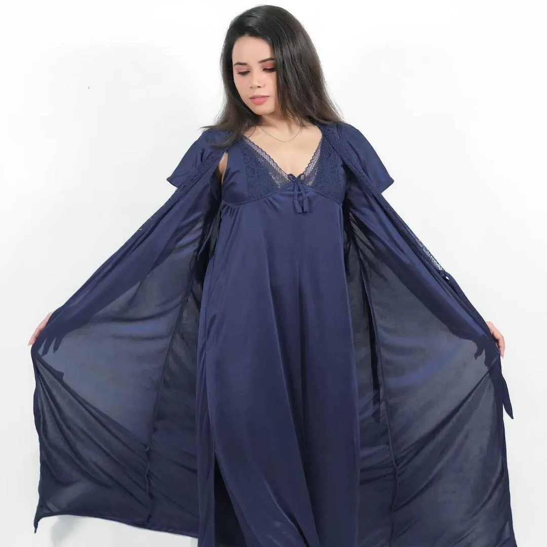 Silk Lace Nightgown Set Blue V-Neck 2 Pcs - Image 2
