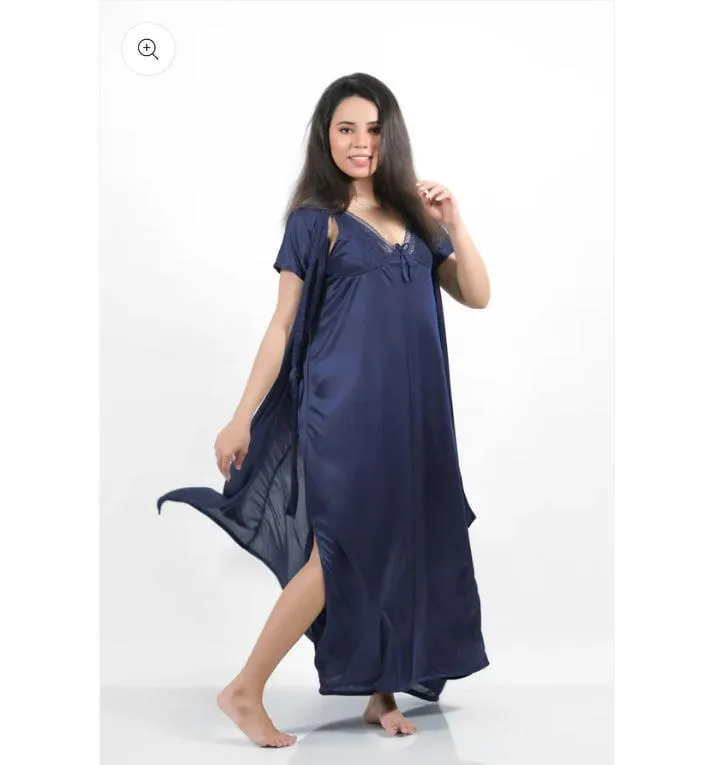 Silk Lace Nightgown Set Blue V-Neck 2 Pcs - Image 3