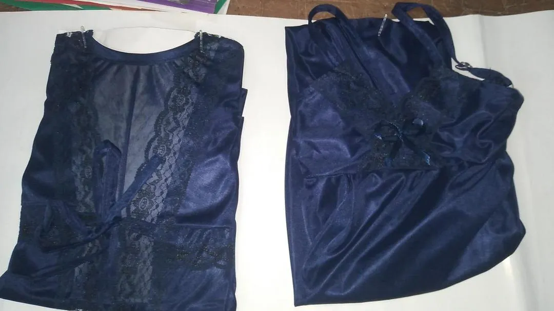 Silk Lace Nightgown Set Blue V-Neck 2 Pcs - Image 4