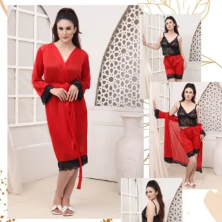 Lussyy Maphwar for Women Red Silk Lace V-Neck Sleep Shirt Set