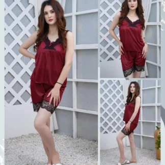Maroon Silk Lace V-Neck Sleep Shirt & Shorts Set