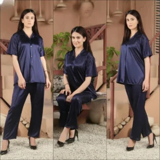 Blue Silk V-Neck 2-Piece Sleep Set for Women