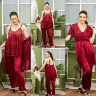 Red Embroidered Pajama Set for Women